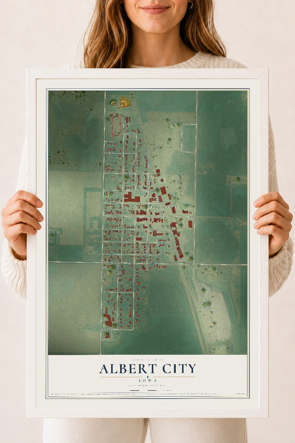 Map of Albert City, Iowa, 18 x 24 inch print in a white wood frame