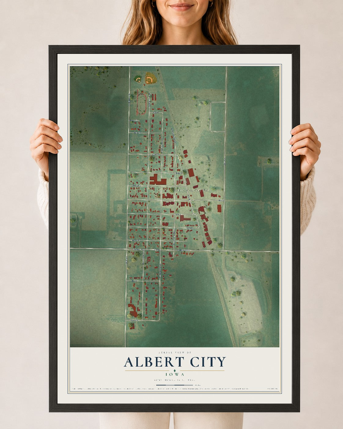 Map of Albert City, Iowa, 24 x 36 inch print in a black wood frame