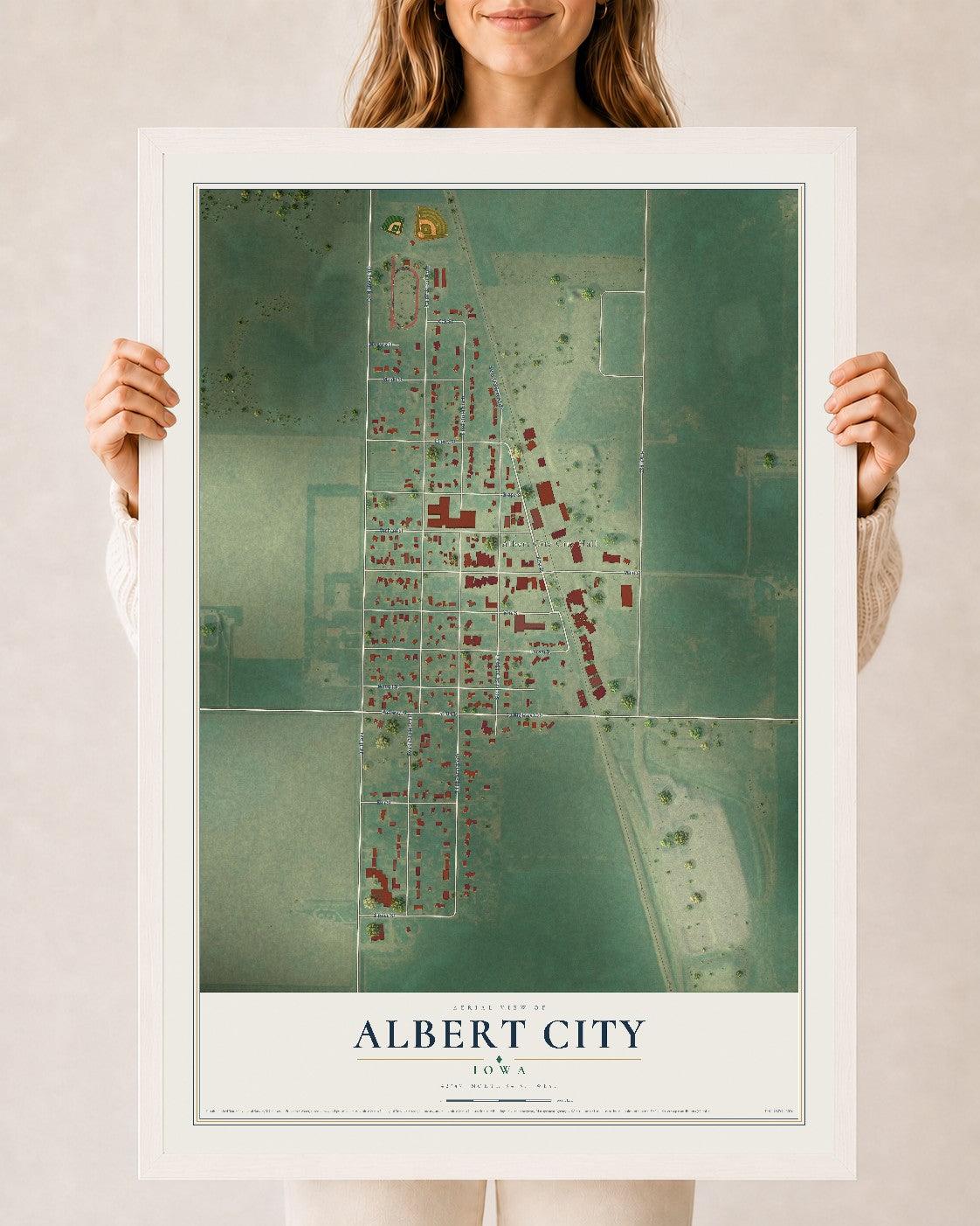 Map of Albert City, Iowa, 24 x 36 inch print in a white wood frame