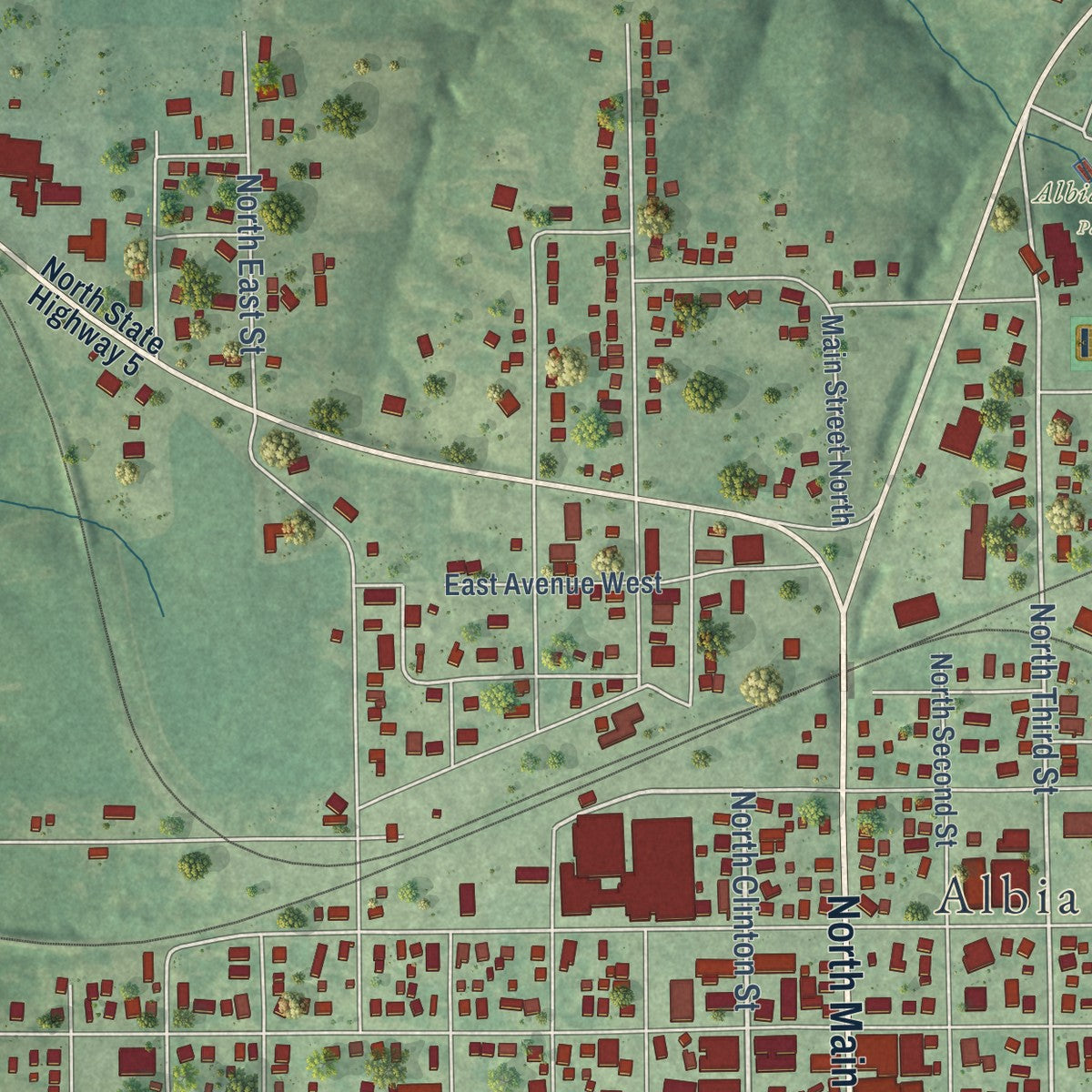 Second close-up of the map of Albia, Iowa print showing more streets and buildings