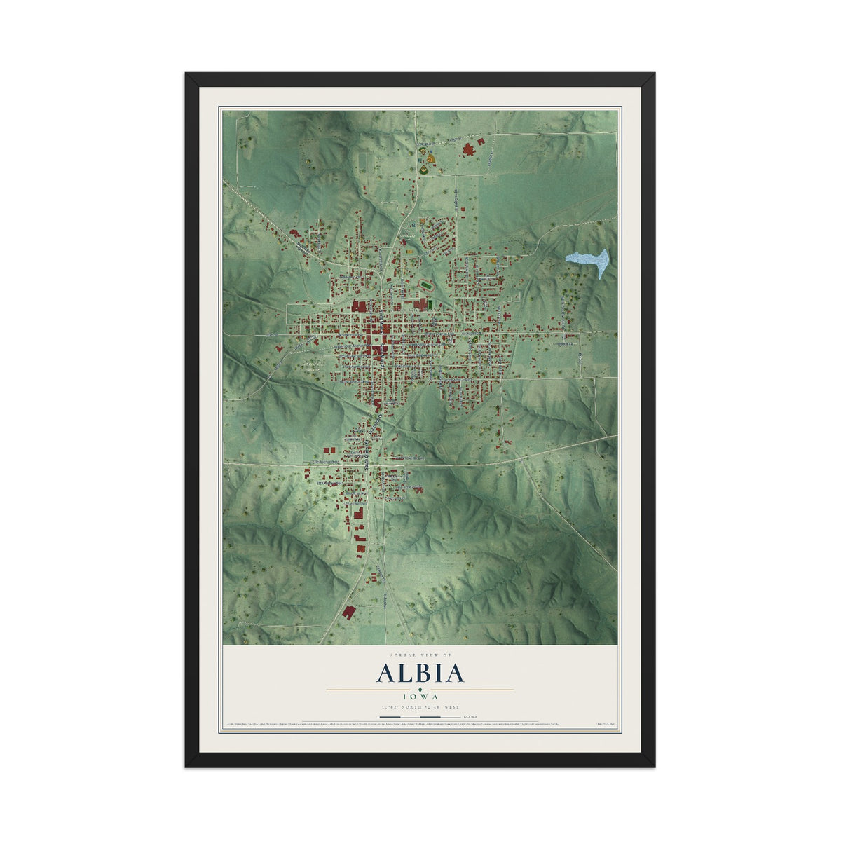 Map of Albia, Iowa, 12 x 18 inch print in a black wood frame