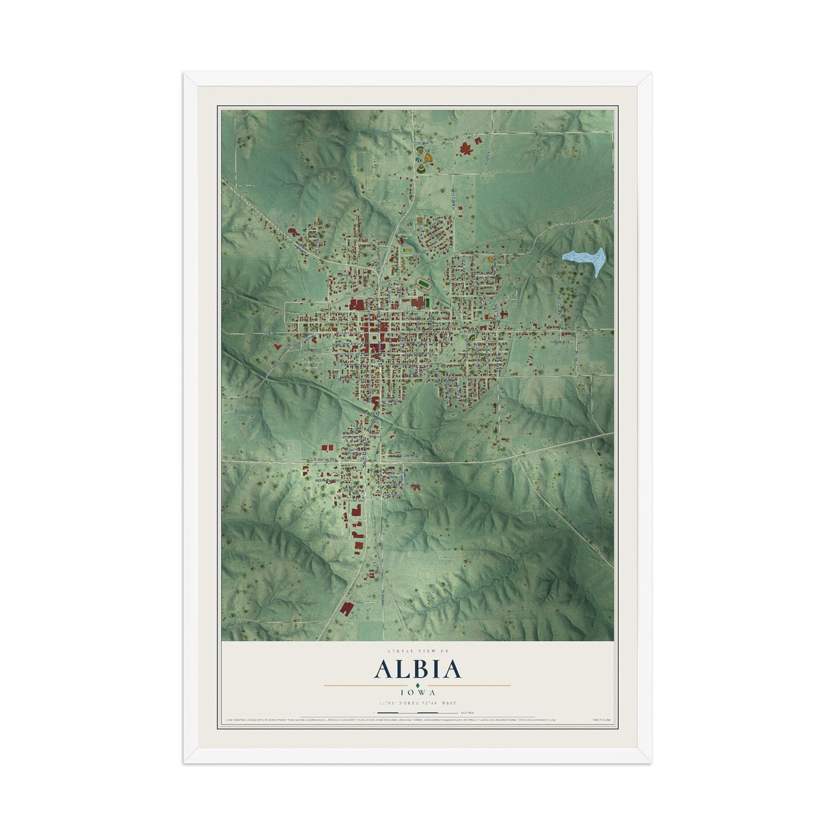 Map of Albia, Iowa, 12 x 18 inch print in a white wood frame