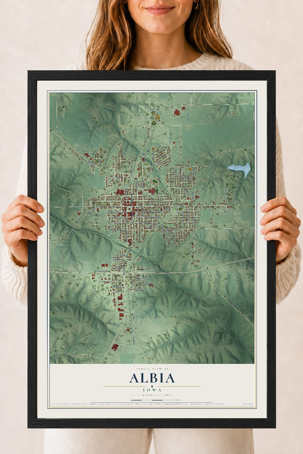 Map of Albia, Iowa, 18 x 24 inch print in a black wood frame