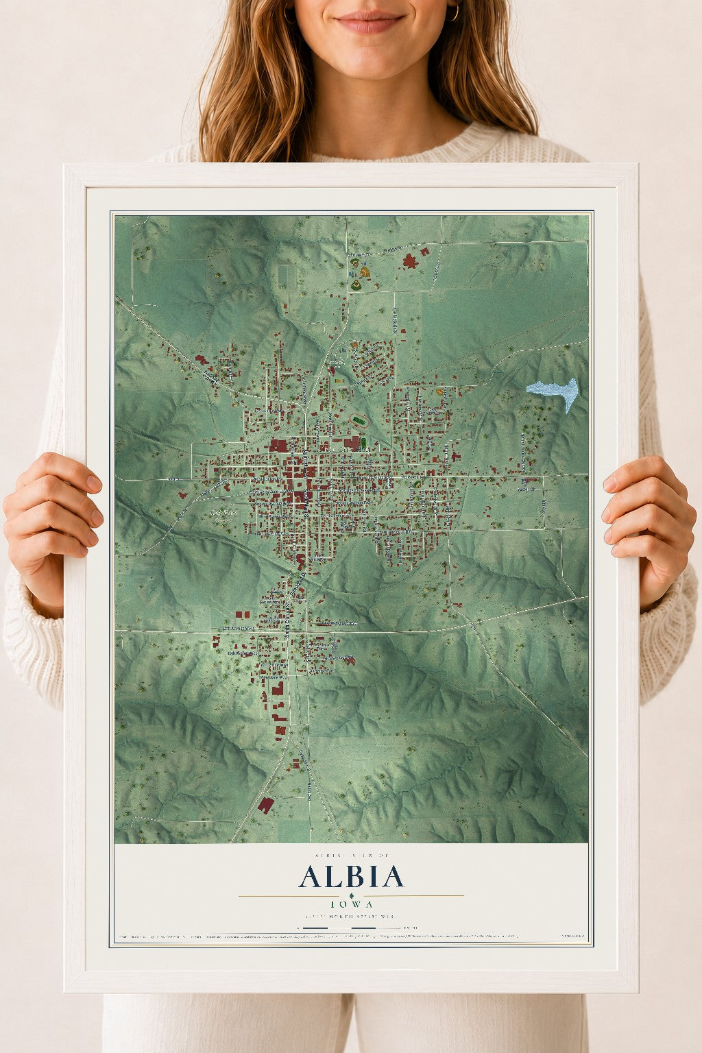 Map of Albia, Iowa, 18 x 24 inch print in a white wood frame