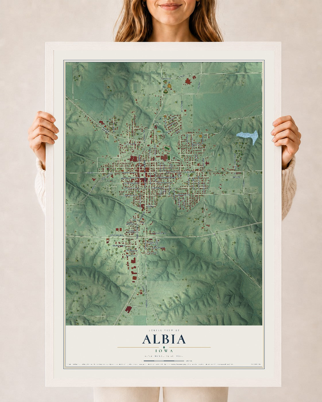 Map of Albia, Iowa, 24 x 36 inch print in a white wood frame