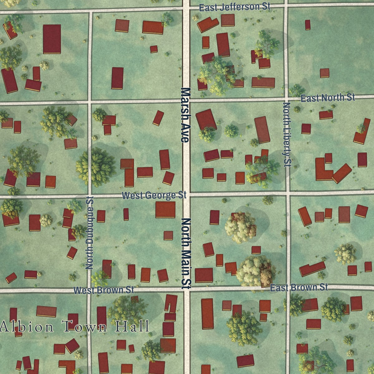 Close-up of the map of Albion, Iowa print showing street and building detail