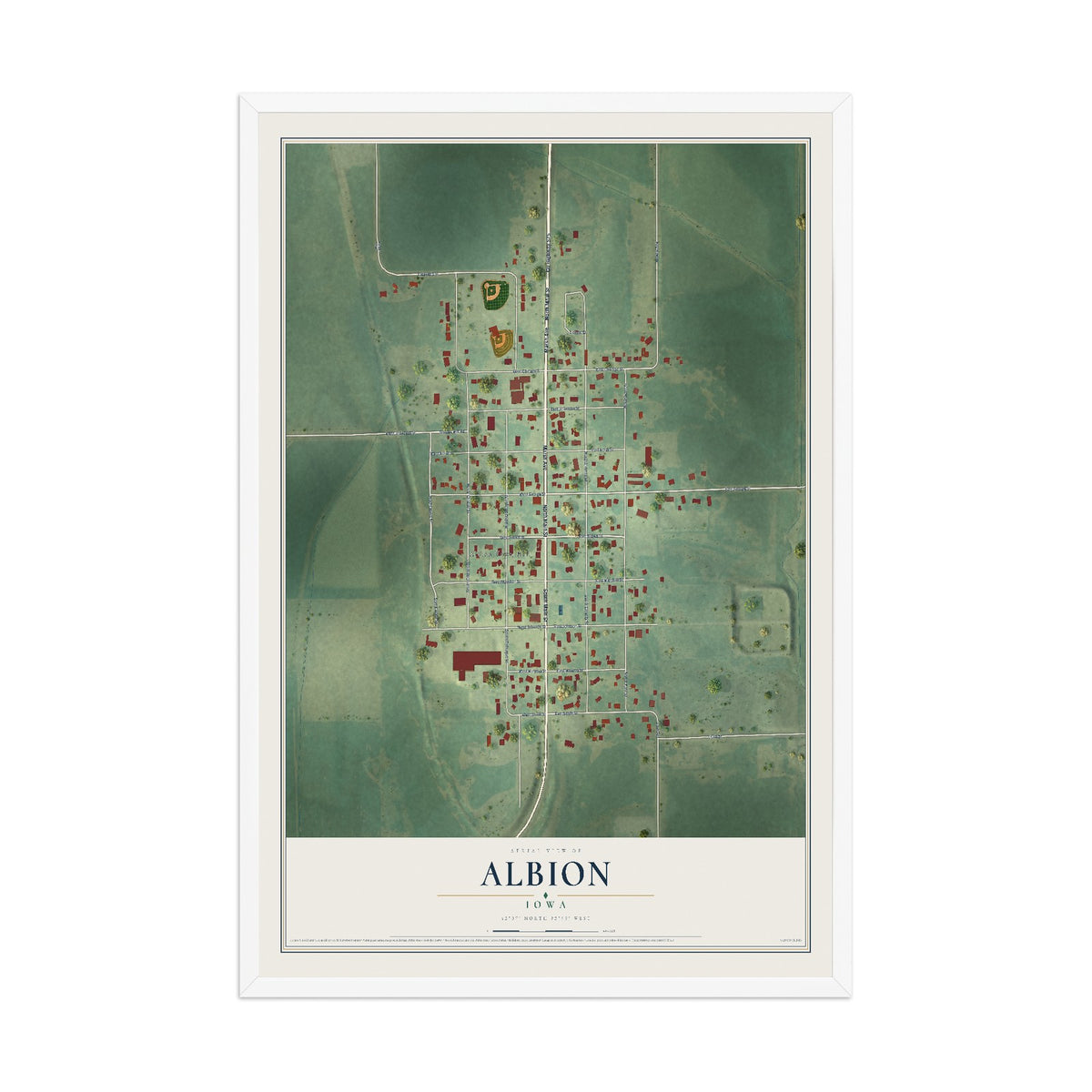 Map of Albion, Iowa, 12 x 18 inch print in a white wood frame