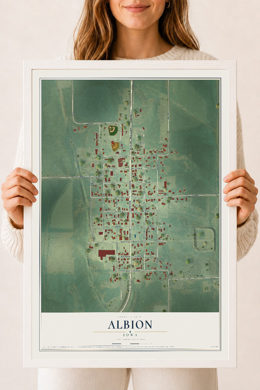 Map of Albion, Iowa, 18 x 24 inch print in a white wood frame