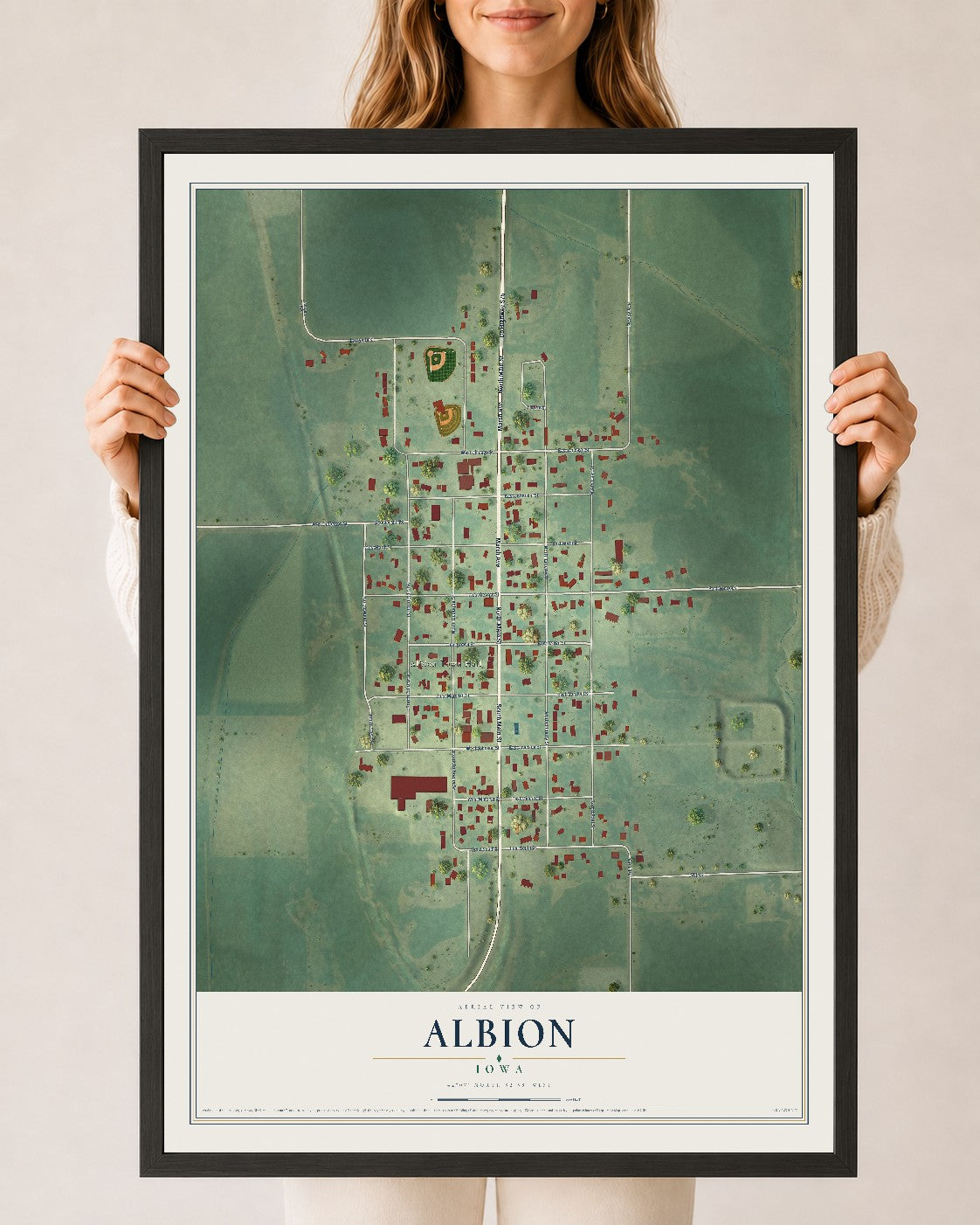 Map of Albion, Iowa, 24 x 36 inch print in a black wood frame