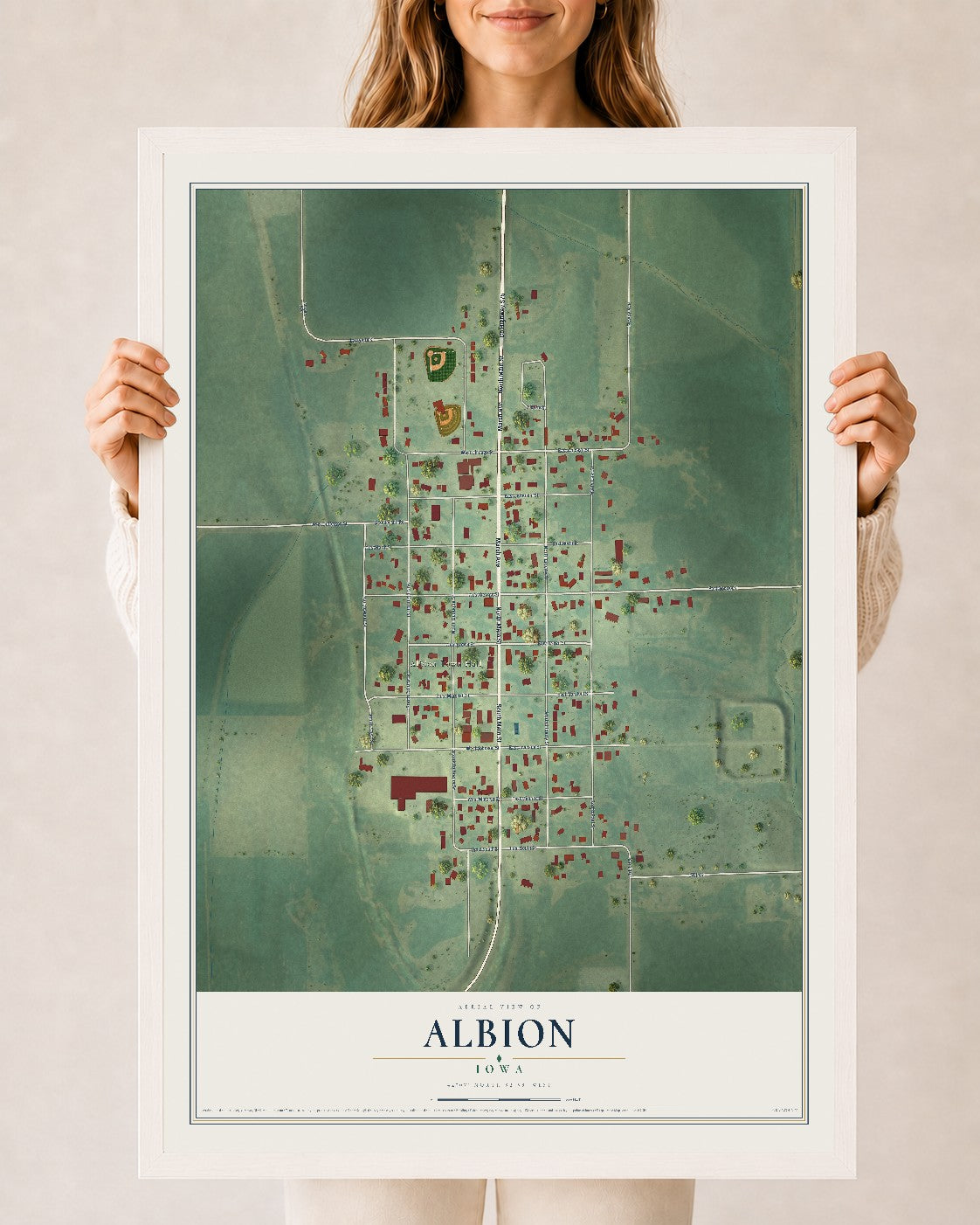 Map of Albion, Iowa, 24 x 36 inch print in a white wood frame