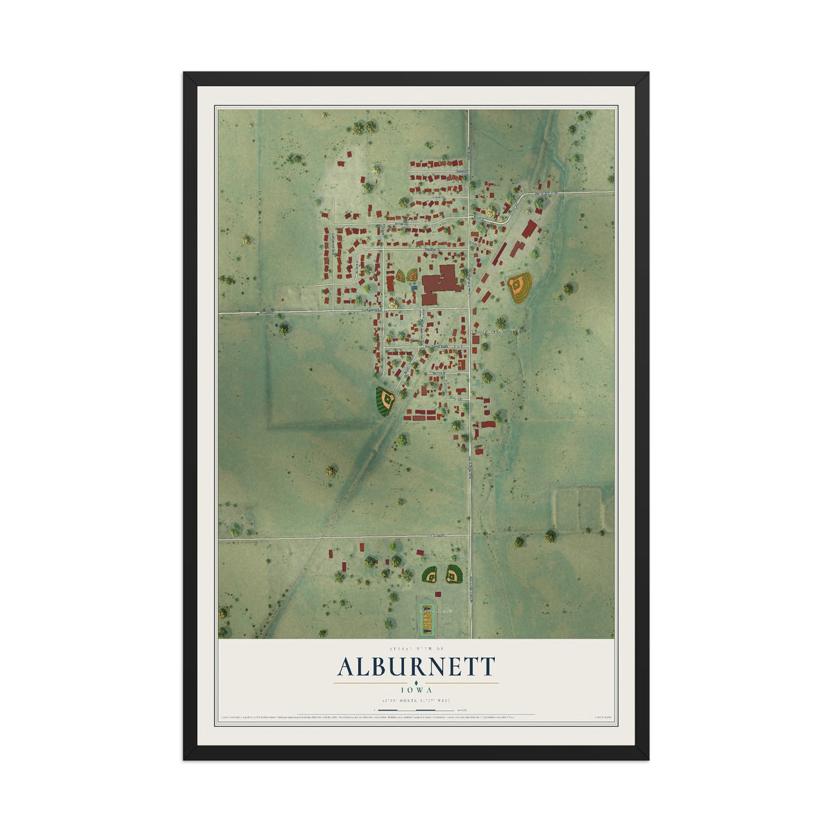 Map of Alburnett, Iowa, 12 x 18 inch print in a black wood frame