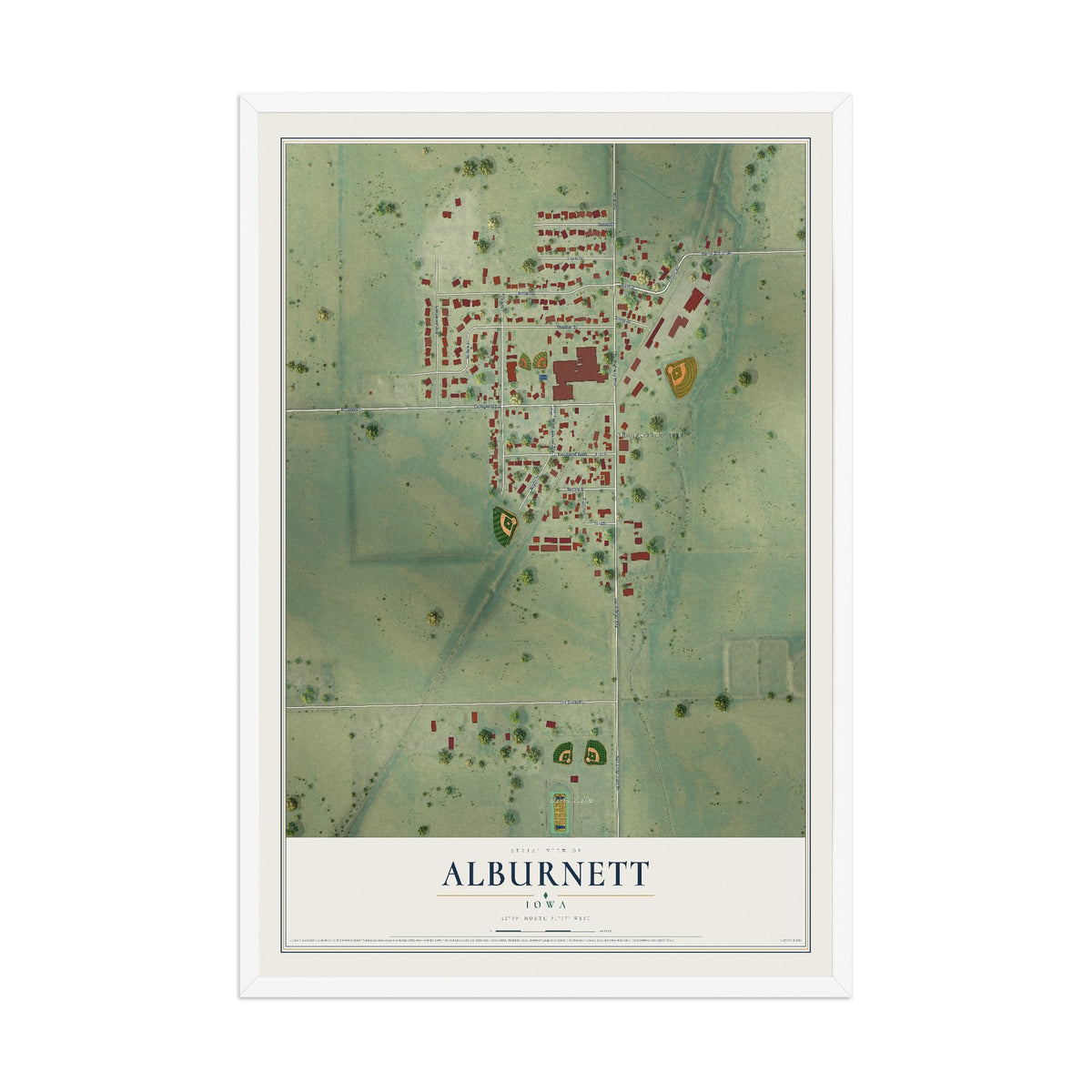 Map of Alburnett, Iowa, 12 x 18 inch print in a white wood frame