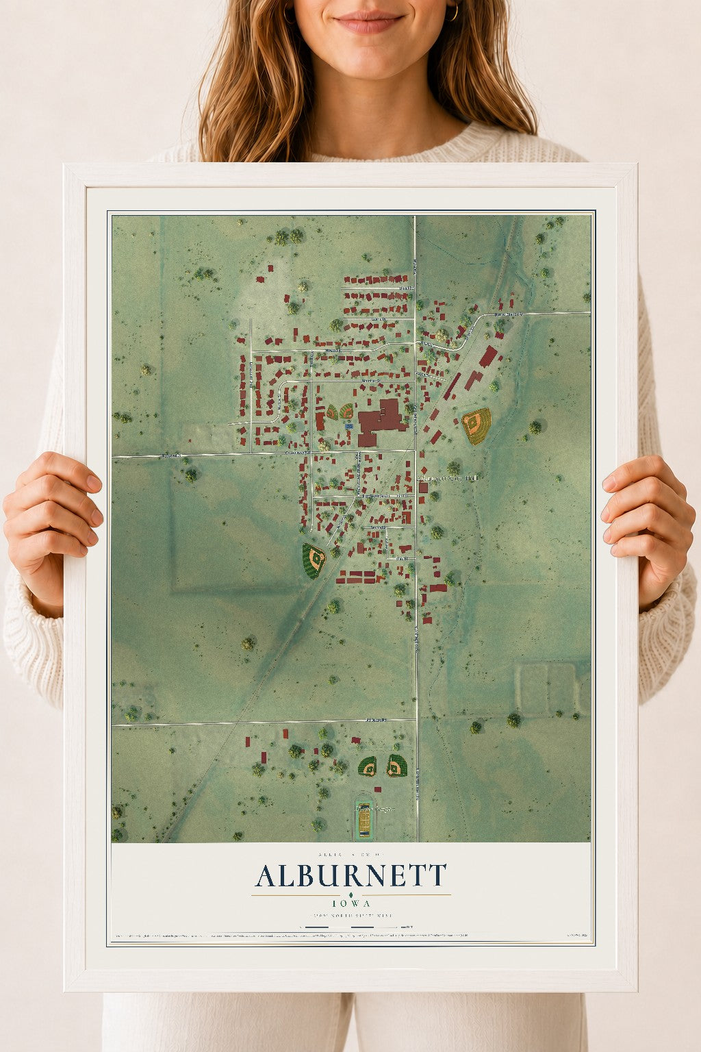 Map of Alburnett, Iowa, 18 x 24 inch print in a white wood frame