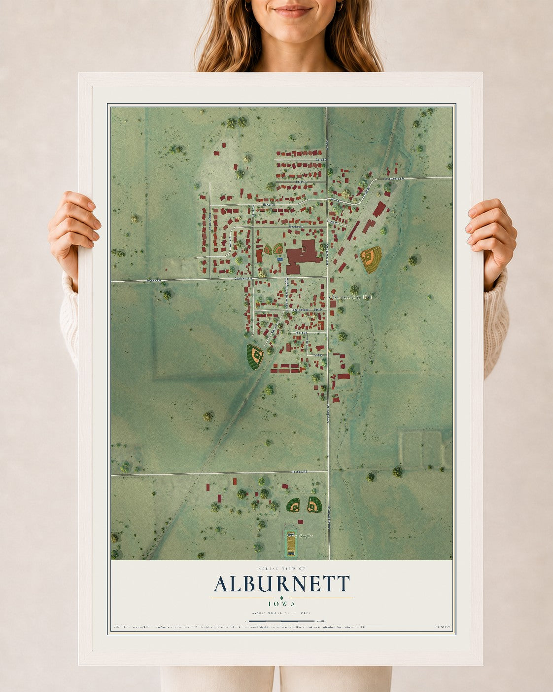 Map of Alburnett, Iowa, 24 x 36 inch print in a white wood frame