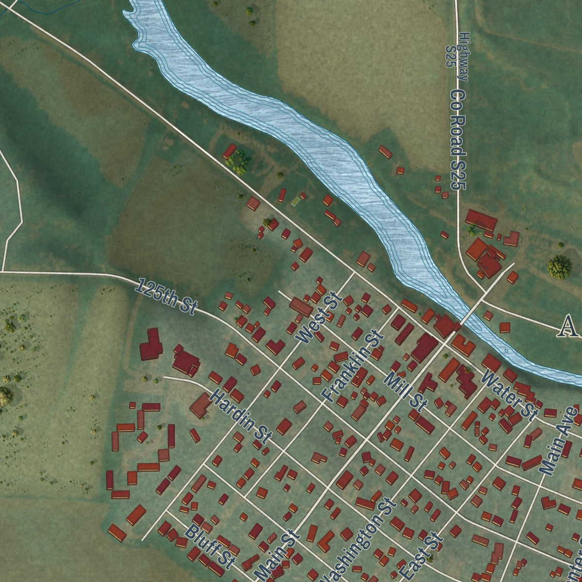 Close-up of the map of Alden, Iowa print showing street and building detail