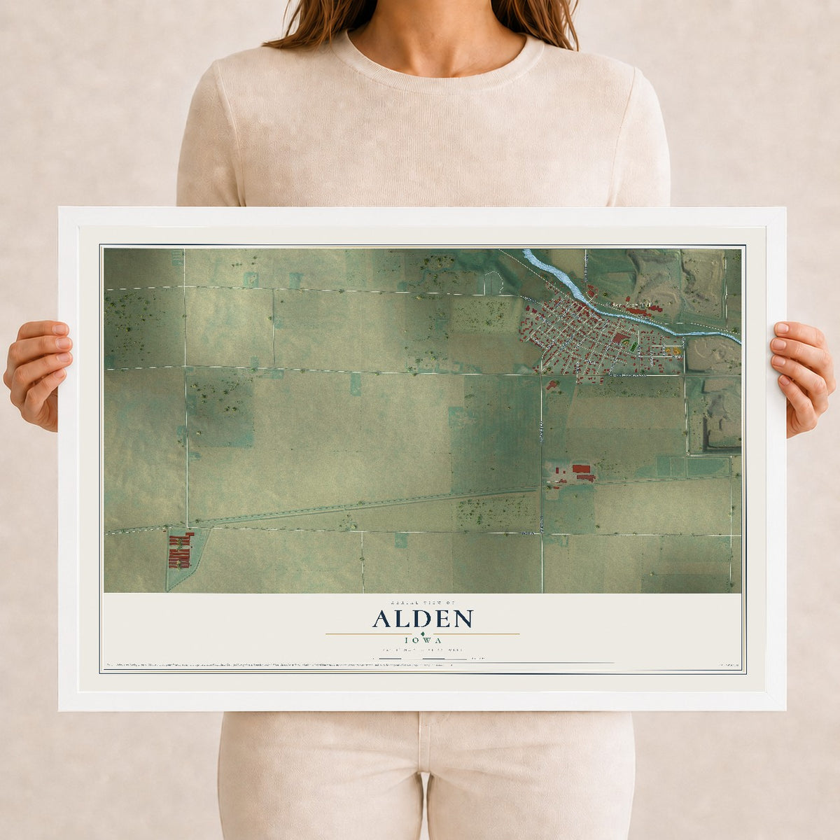 Map of Alden, Iowa, 12 x 18 inch print in a white wood frame