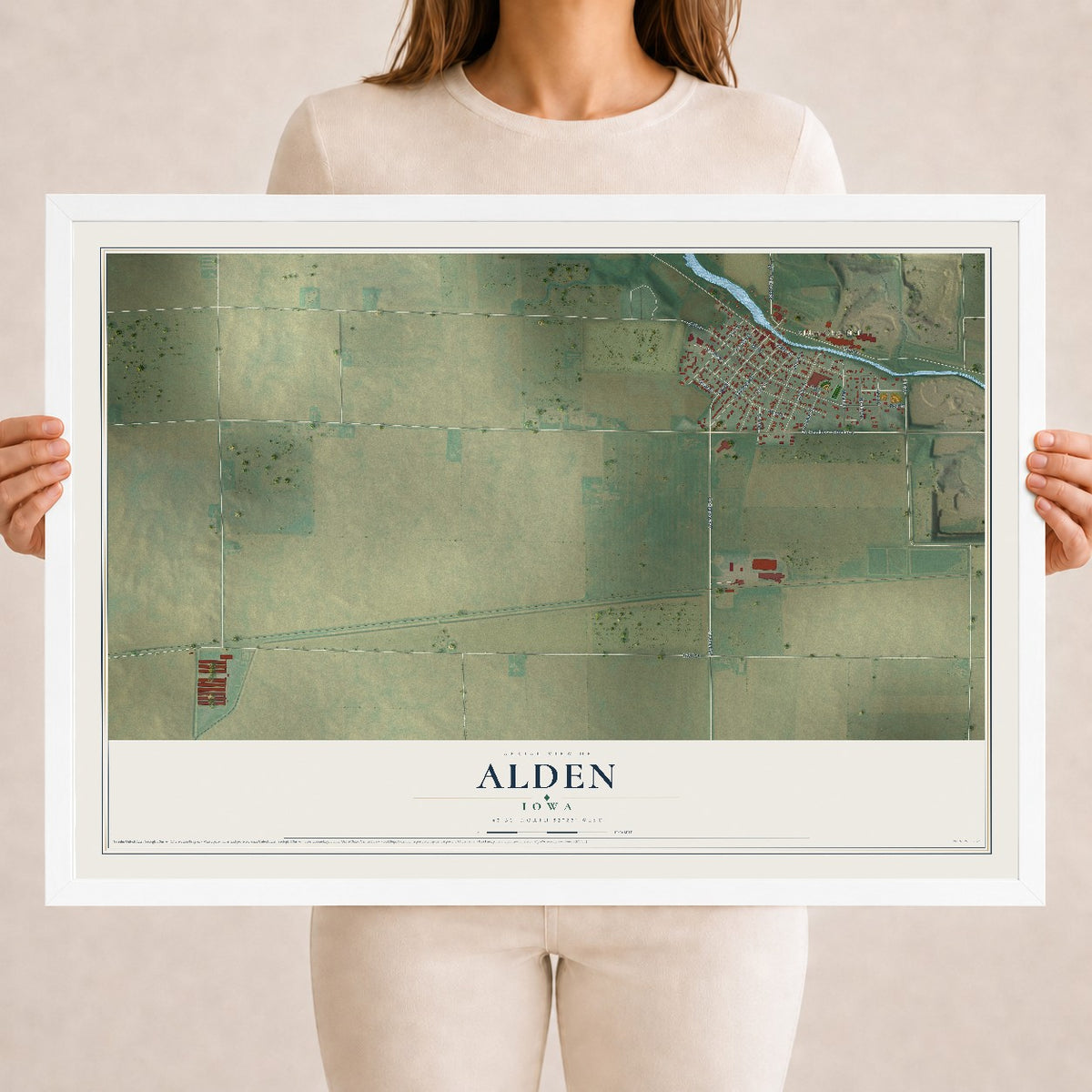 Map of Alden, Iowa, 18 x 24 inch print in a white wood frame