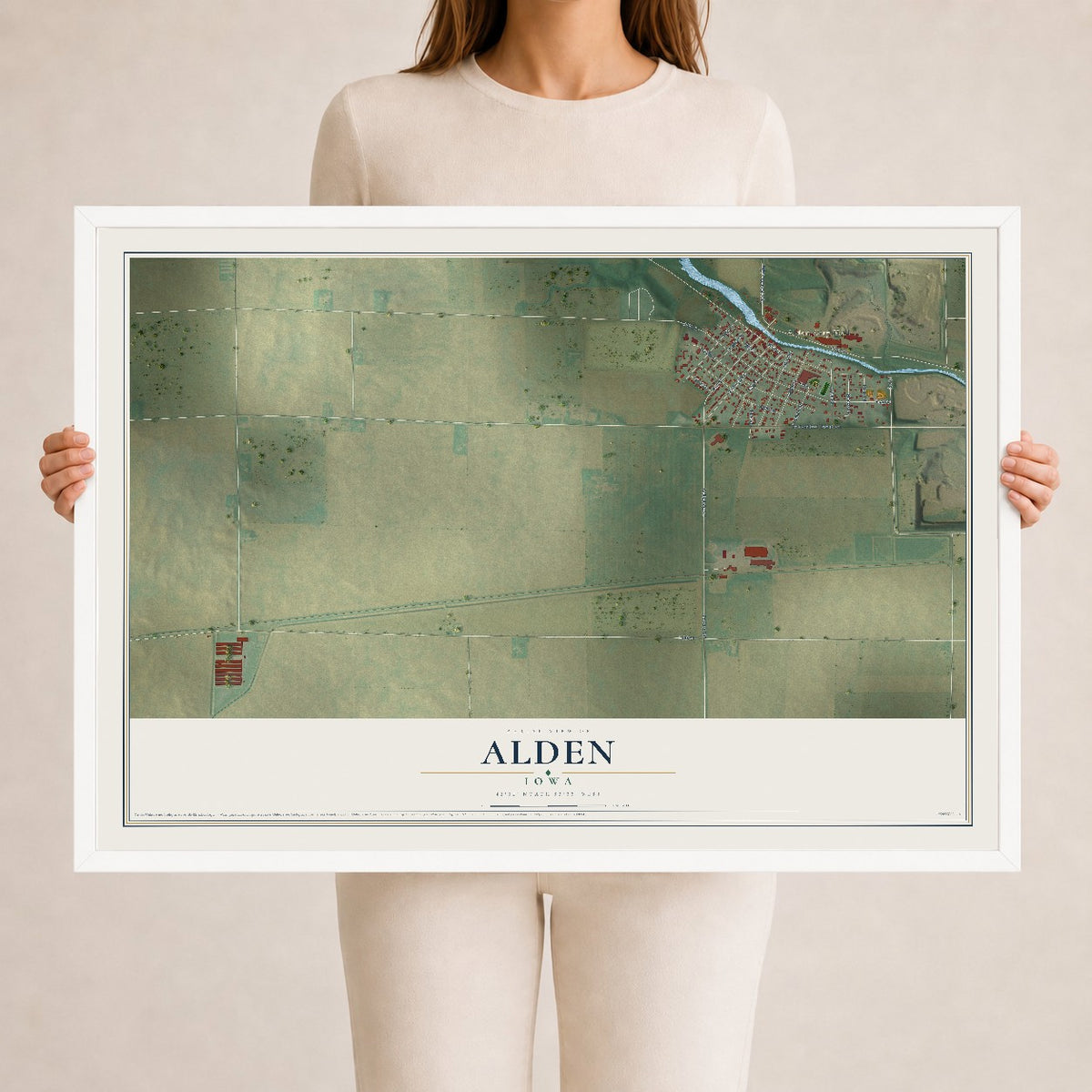 Map of Alden, Iowa, 24 x 36 inch print in a white wood frame