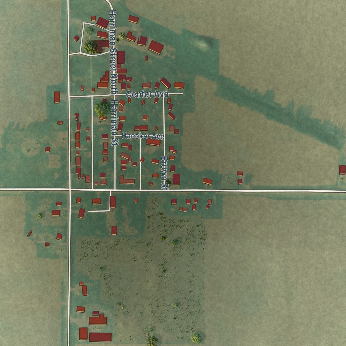 Close-up of the map of Alexander, Iowa print showing street and building detail
