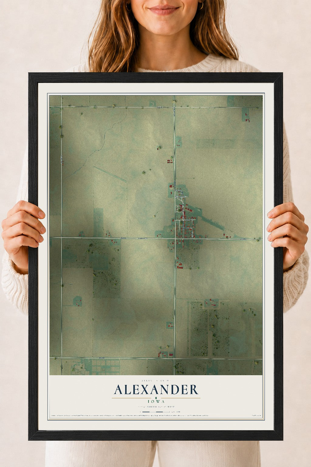 Map of Alexander, Iowa, 18 x 24 inch print in a black wood frame
