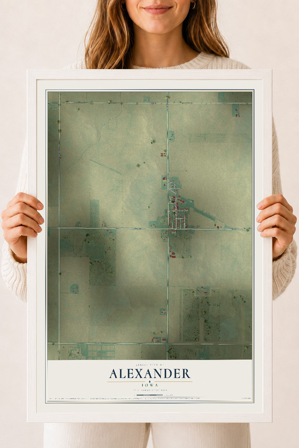 Map of Alexander, Iowa, 18 x 24 inch print in a white wood frame
