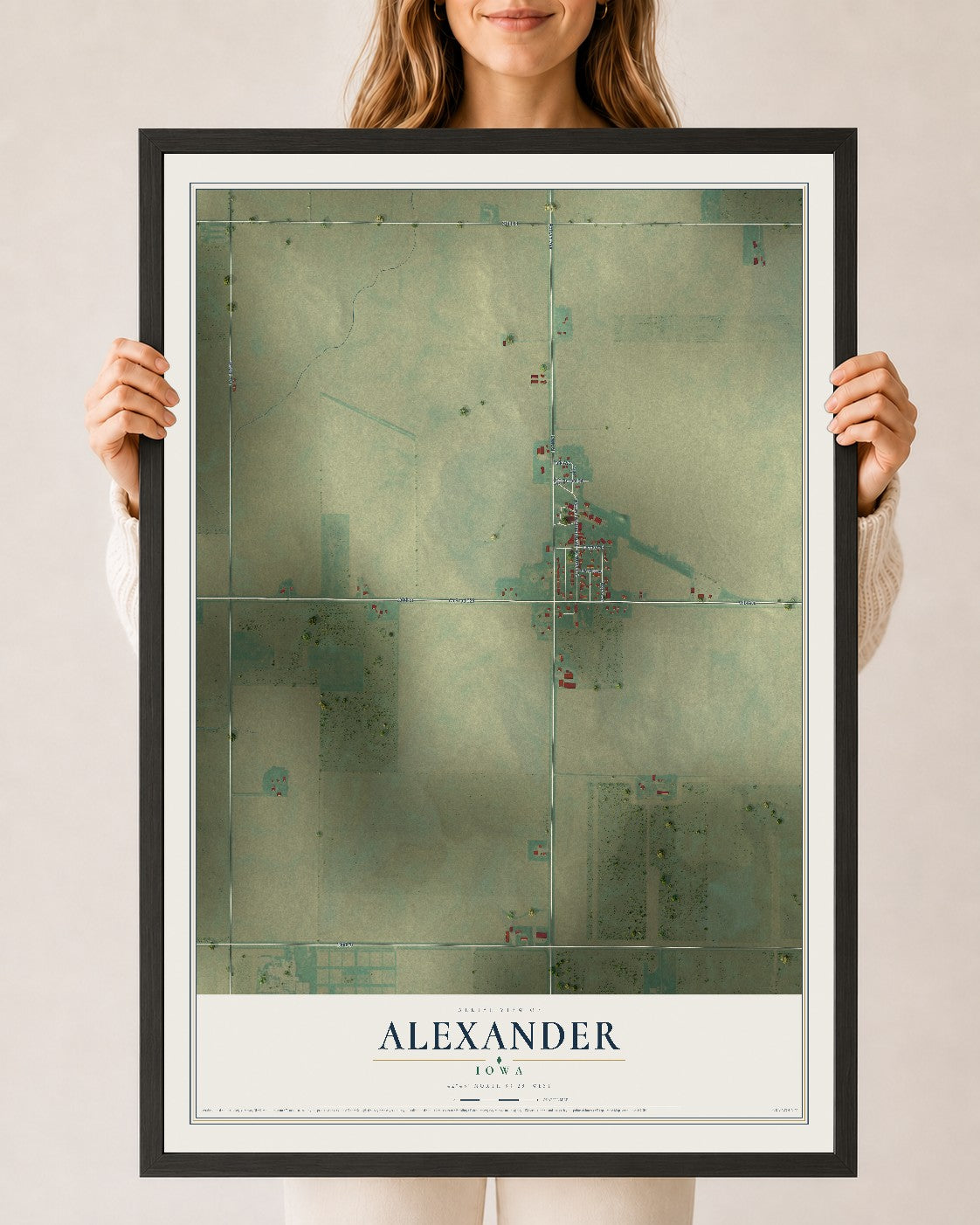 Map of Alexander, Iowa, 24 x 36 inch print in a black wood frame