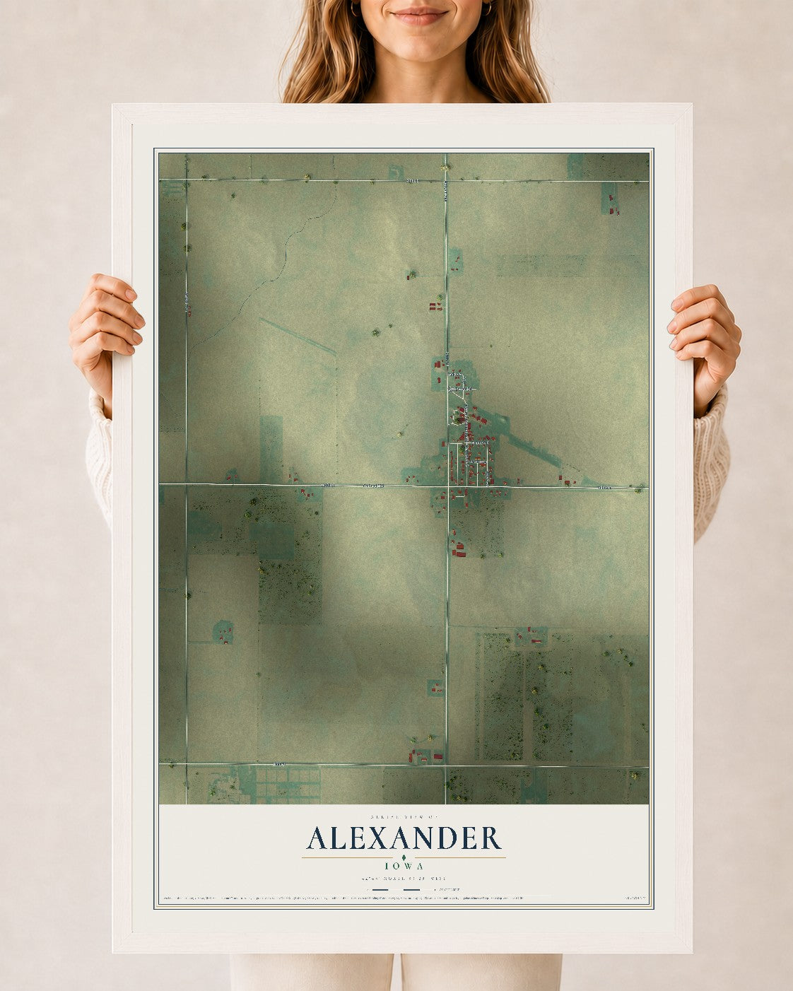 Map of Alexander, Iowa, 24 x 36 inch print in a white wood frame