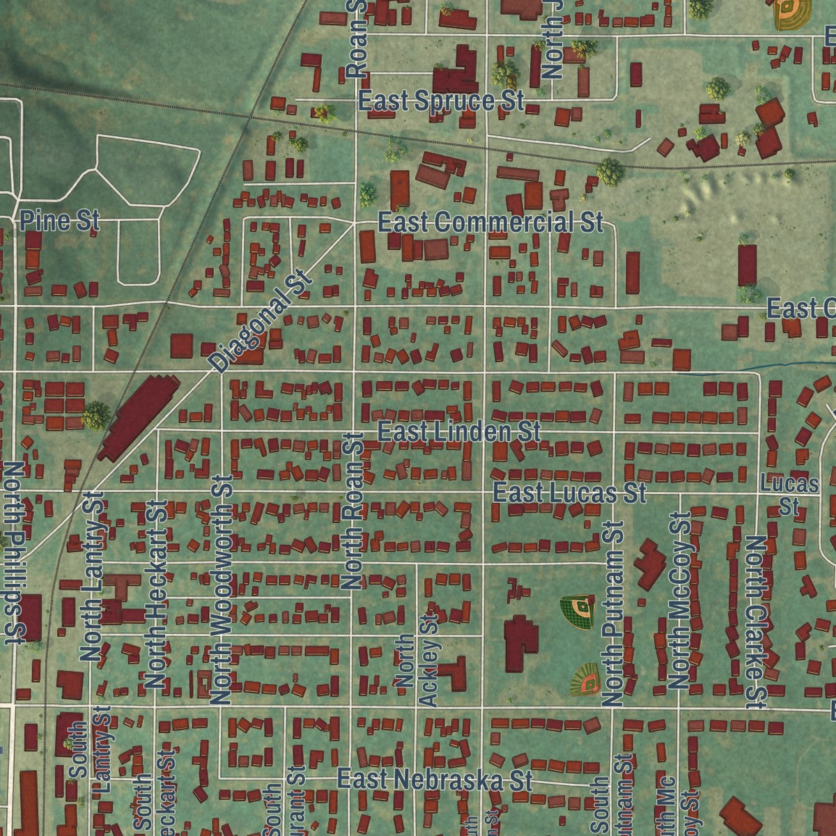 Second close-up of the map of Algona, Iowa print showing more streets and buildings
