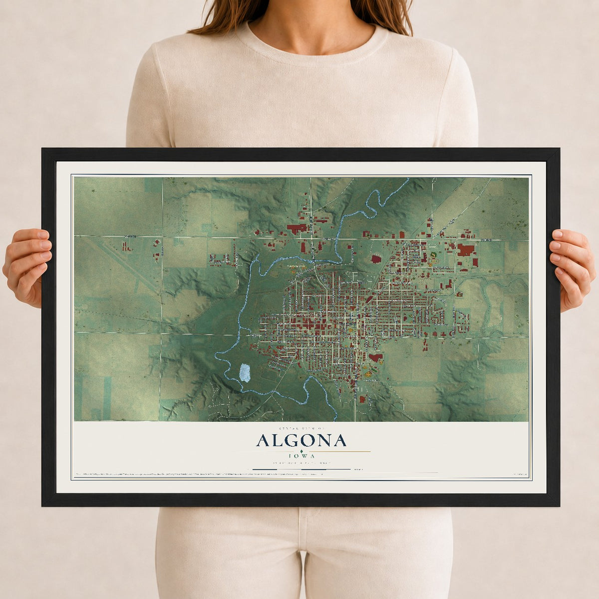 Map of Algona, Iowa, 12 x 18 inch print in a black wood frame