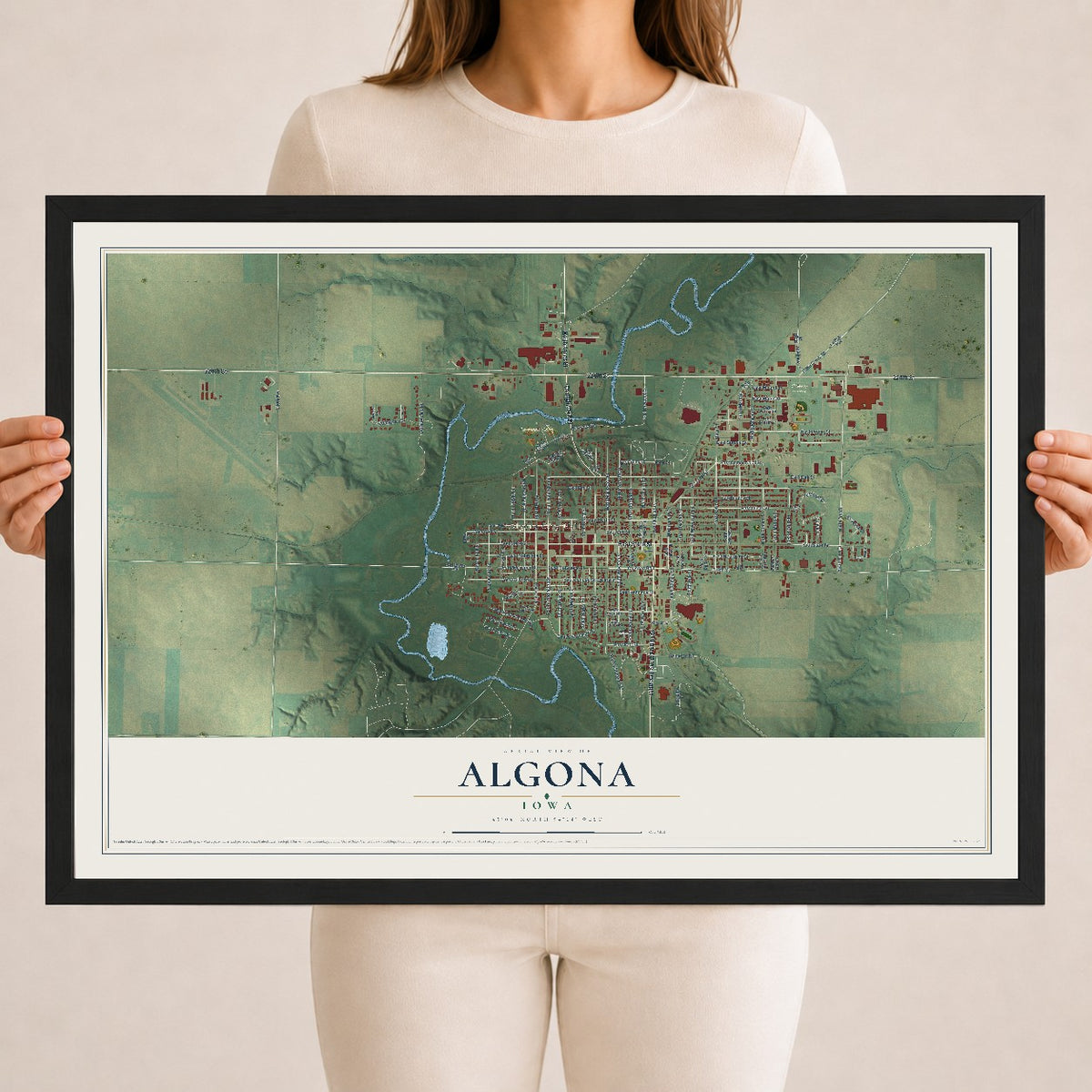 Map of Algona, Iowa, 18 x 24 inch print in a black wood frame