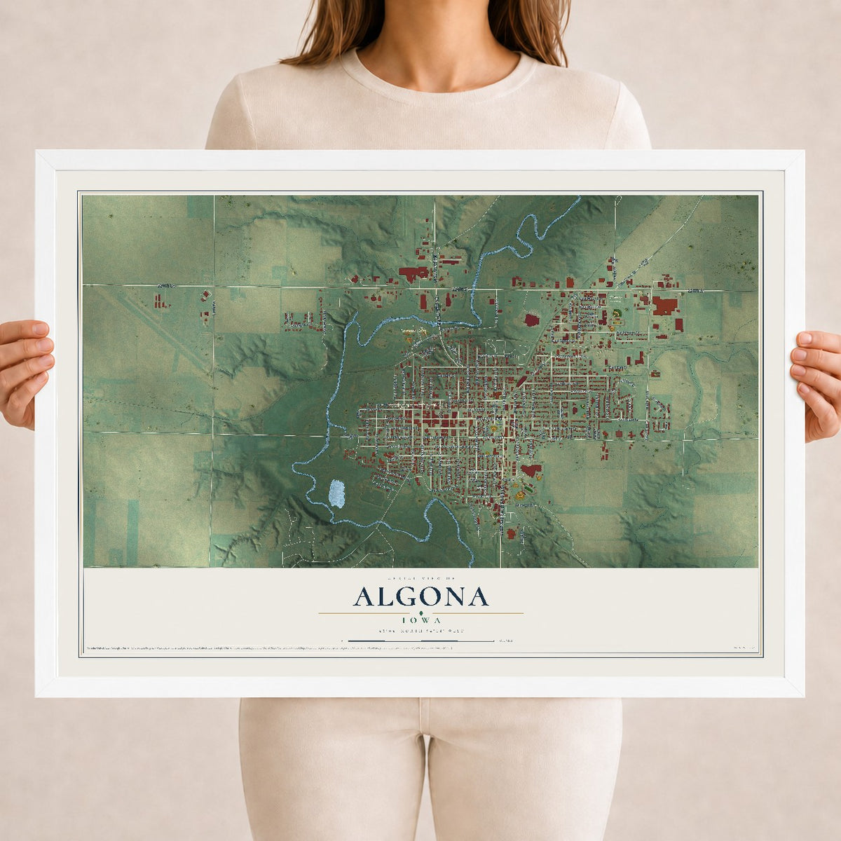 Map of Algona, Iowa, 18 x 24 inch print in a white wood frame