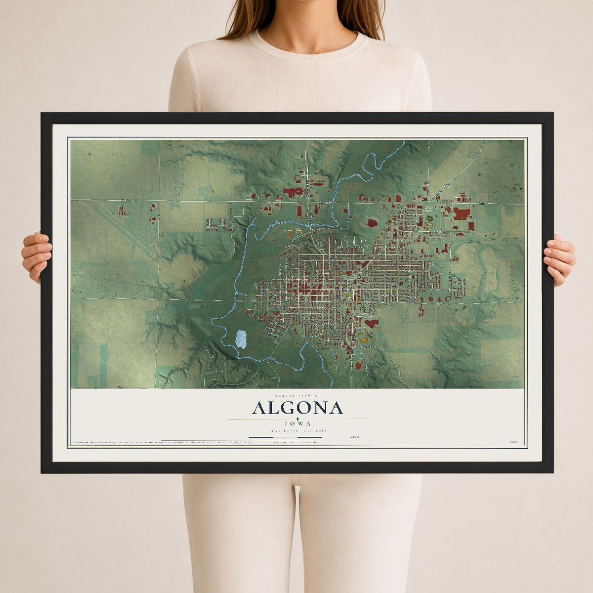 Map of Algona, Iowa, 24 x 36 inch print in a black wood frame