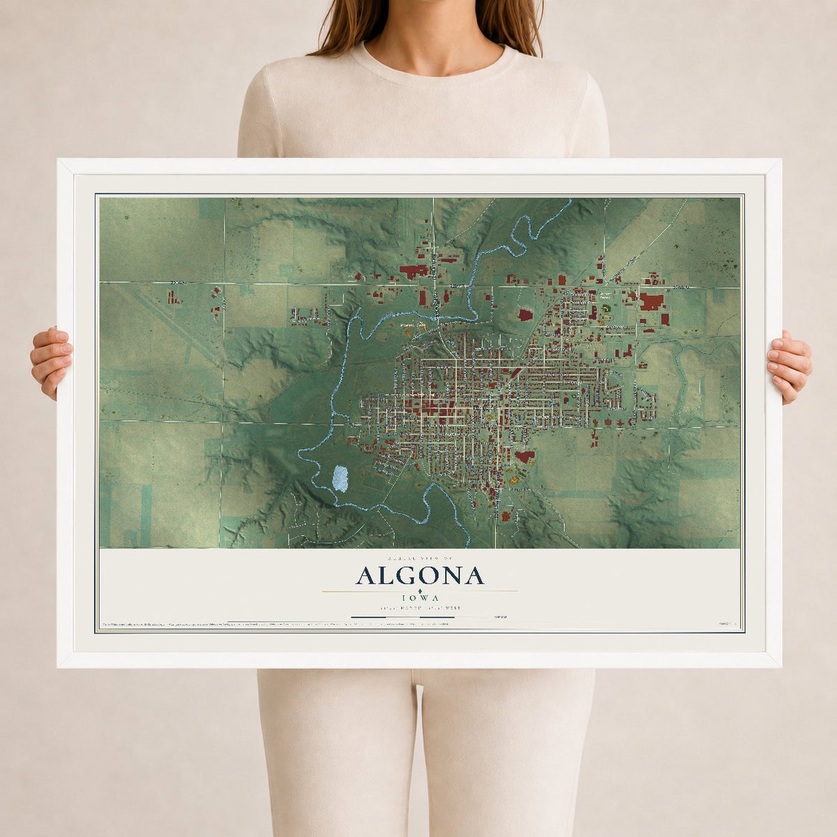 Map of Algona, Iowa, 24 x 36 inch print in a white wood frame