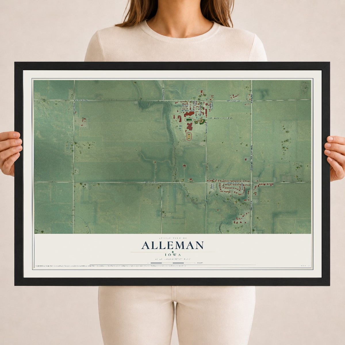 Map of Alleman, Iowa, 18 x 24 inch print in a black wood frame