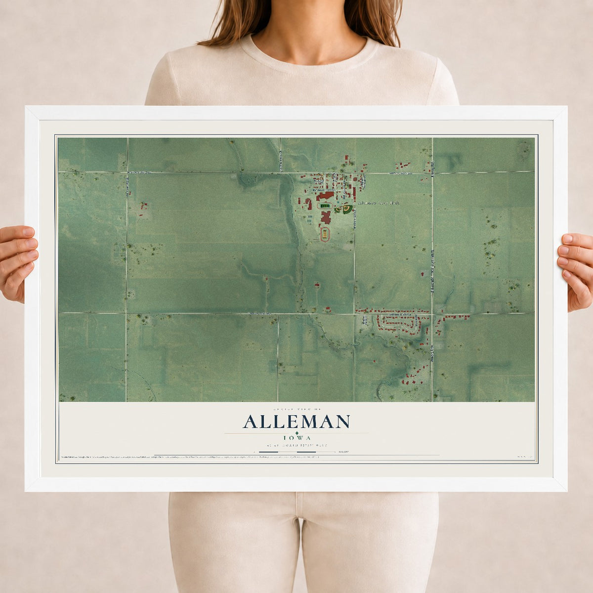 Map of Alleman, Iowa, 18 x 24 inch print in a white wood frame