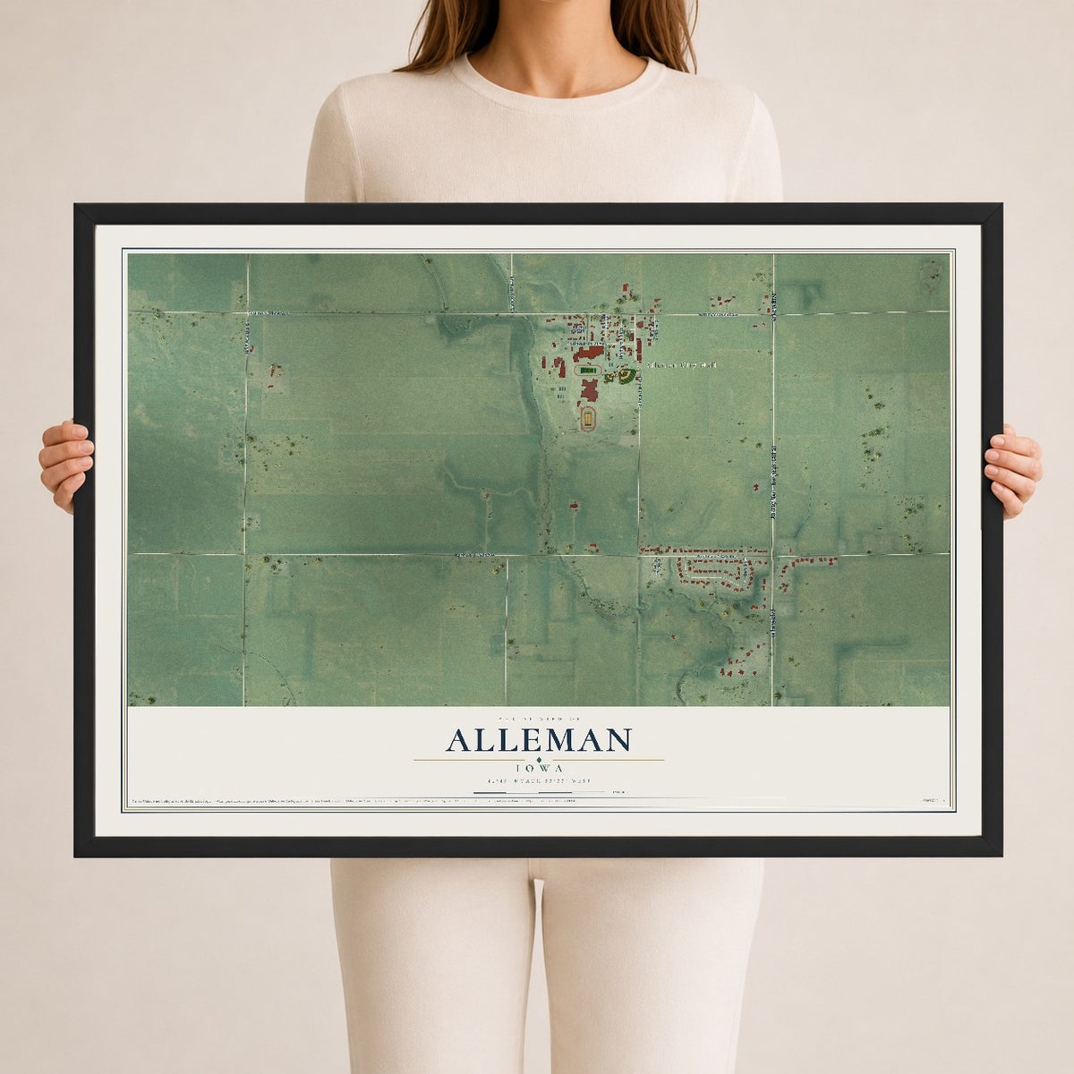Map of Alleman, Iowa, 24 x 36 inch print in a black wood frame