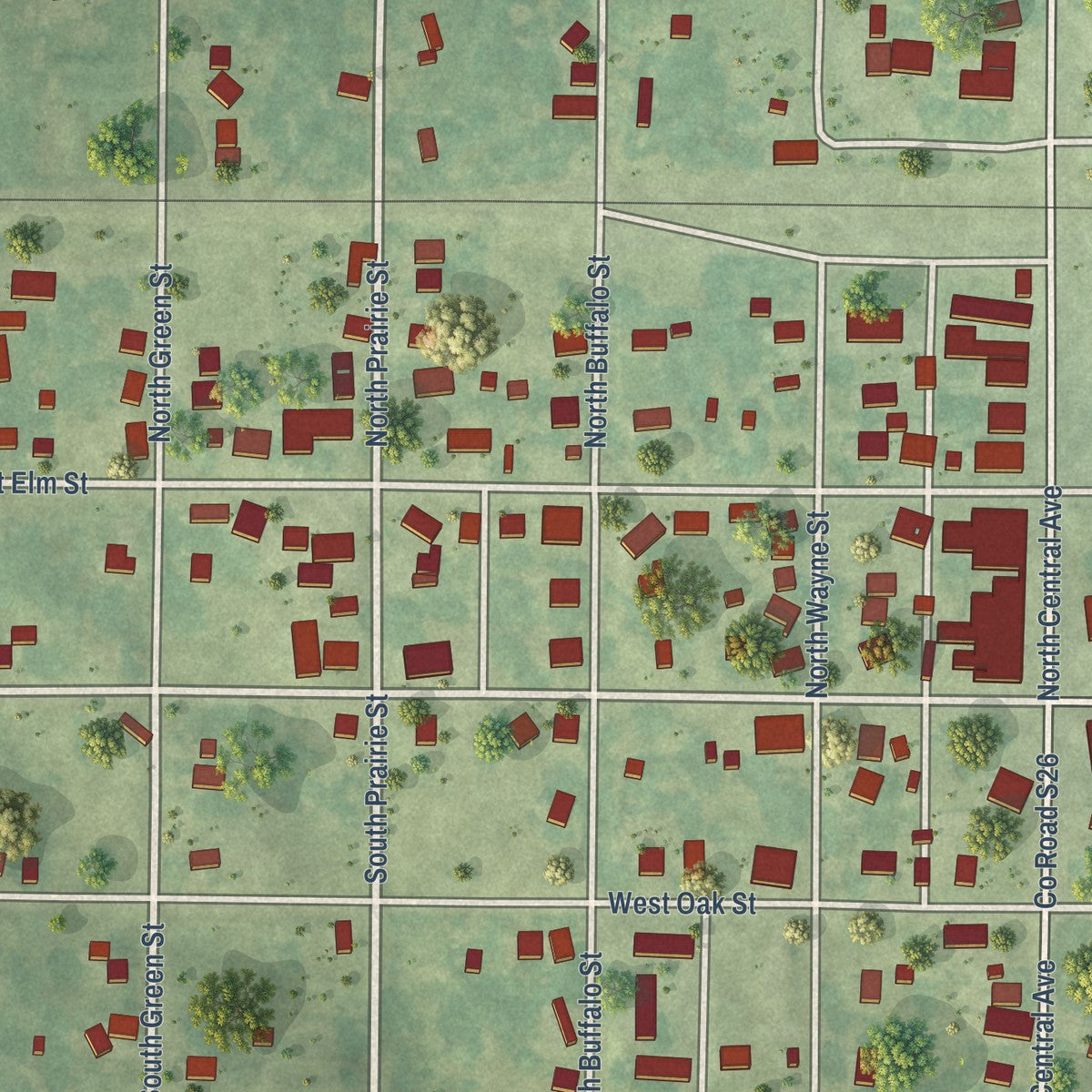 Close-up of the map of Allerton, Iowa print showing street and building detail