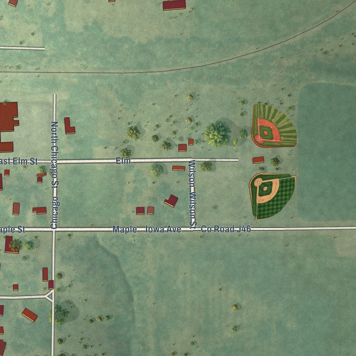 Second close-up of the map of Allerton, Iowa print showing more streets and buildings