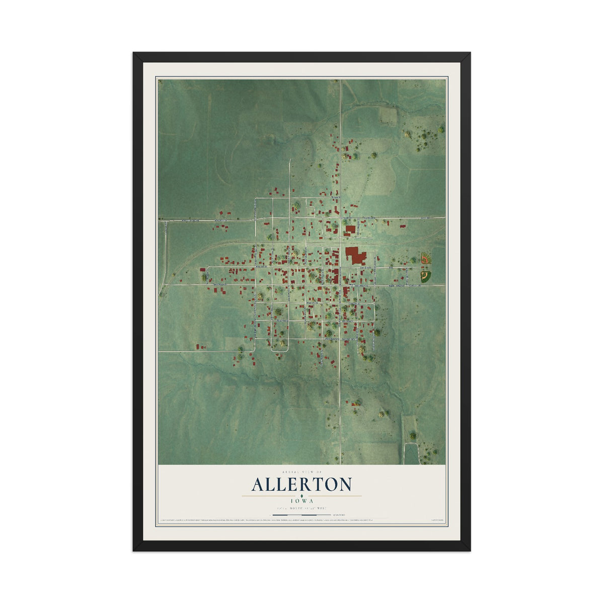 Map of Allerton, Iowa, 12 x 18 inch print in a black wood frame