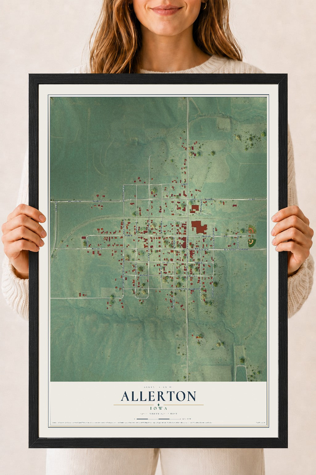 Map of Allerton, Iowa, 18 x 24 inch print in a black wood frame