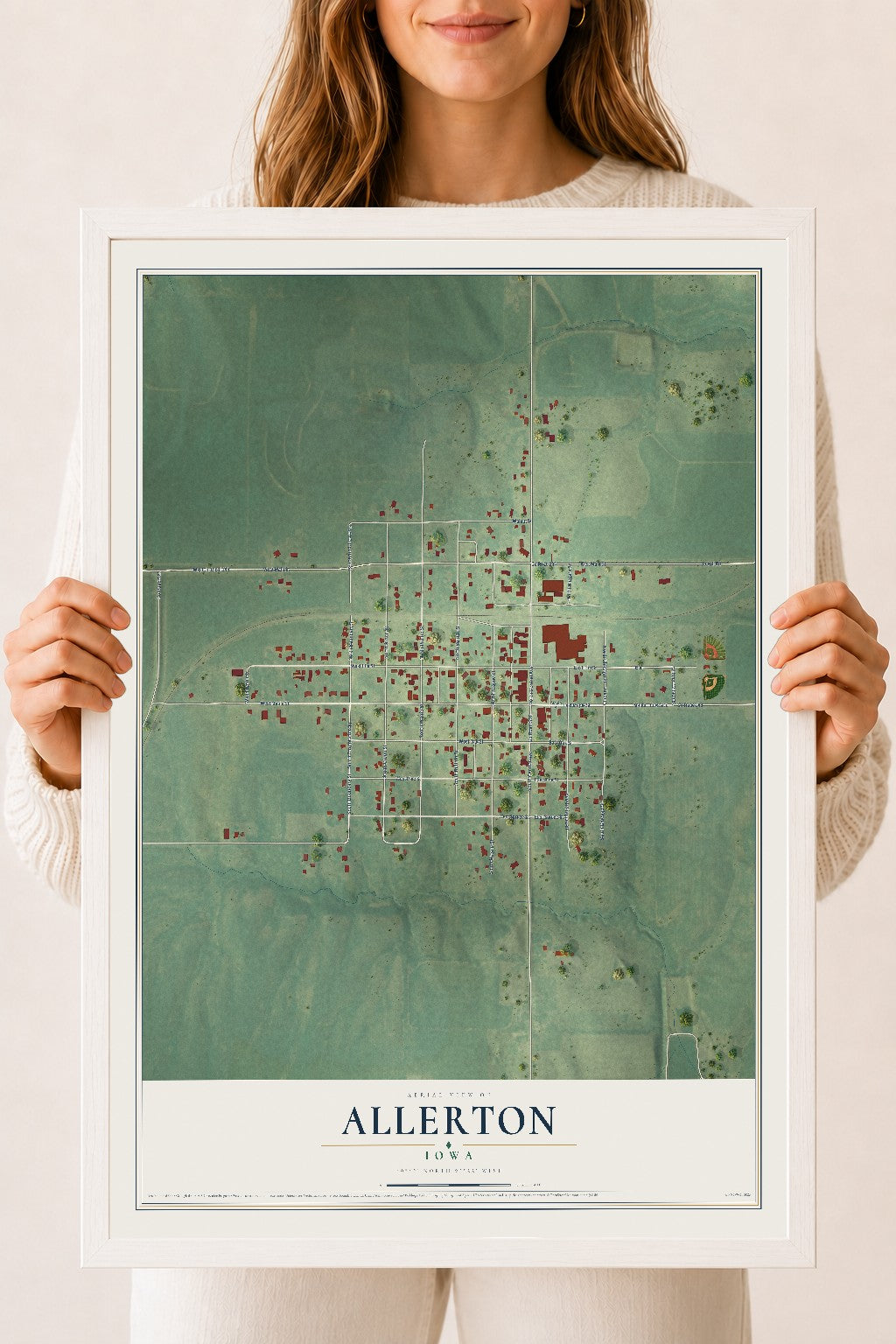 Map of Allerton, Iowa, 18 x 24 inch print in a white wood frame