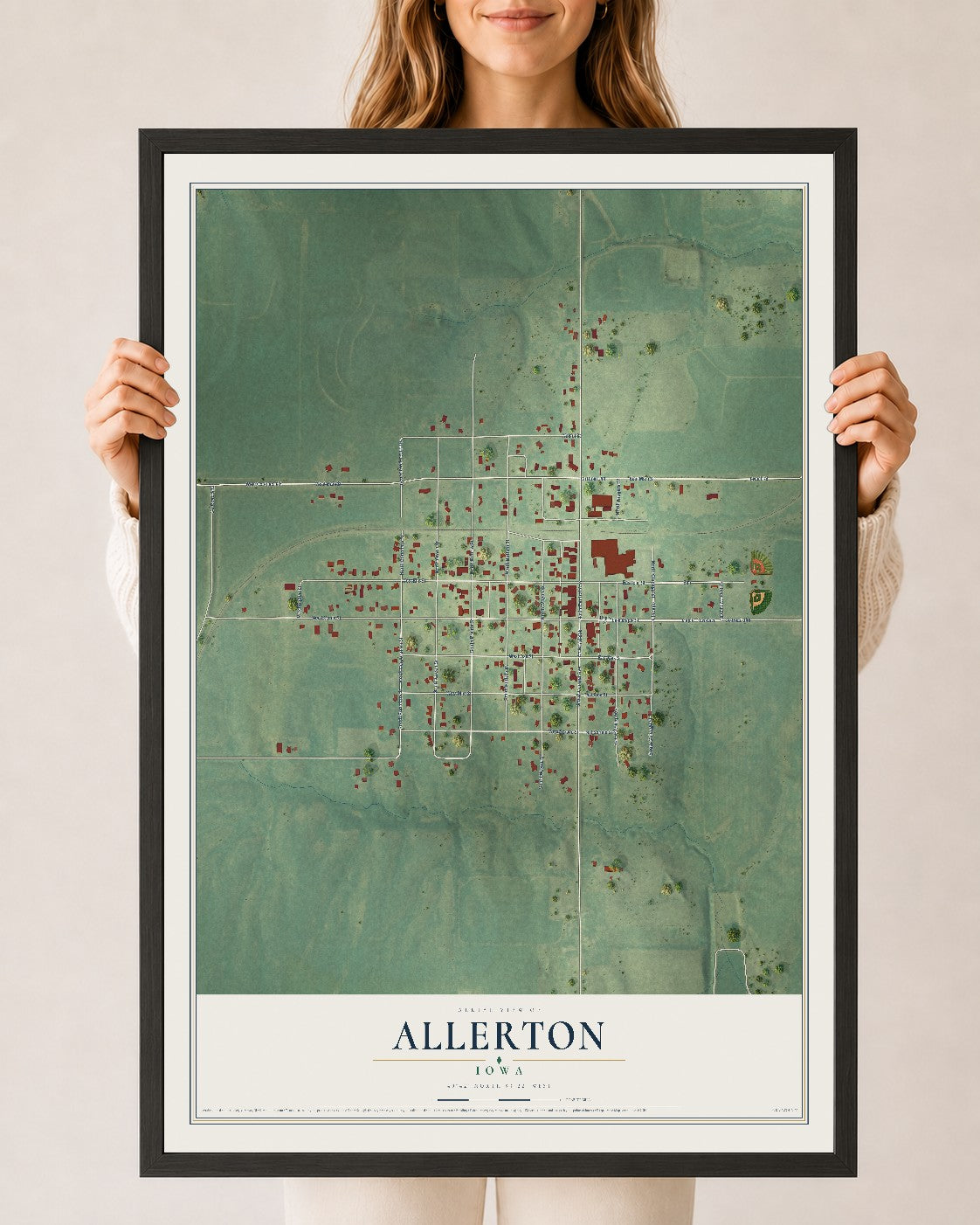 Map of Allerton, Iowa, 24 x 36 inch print in a black wood frame