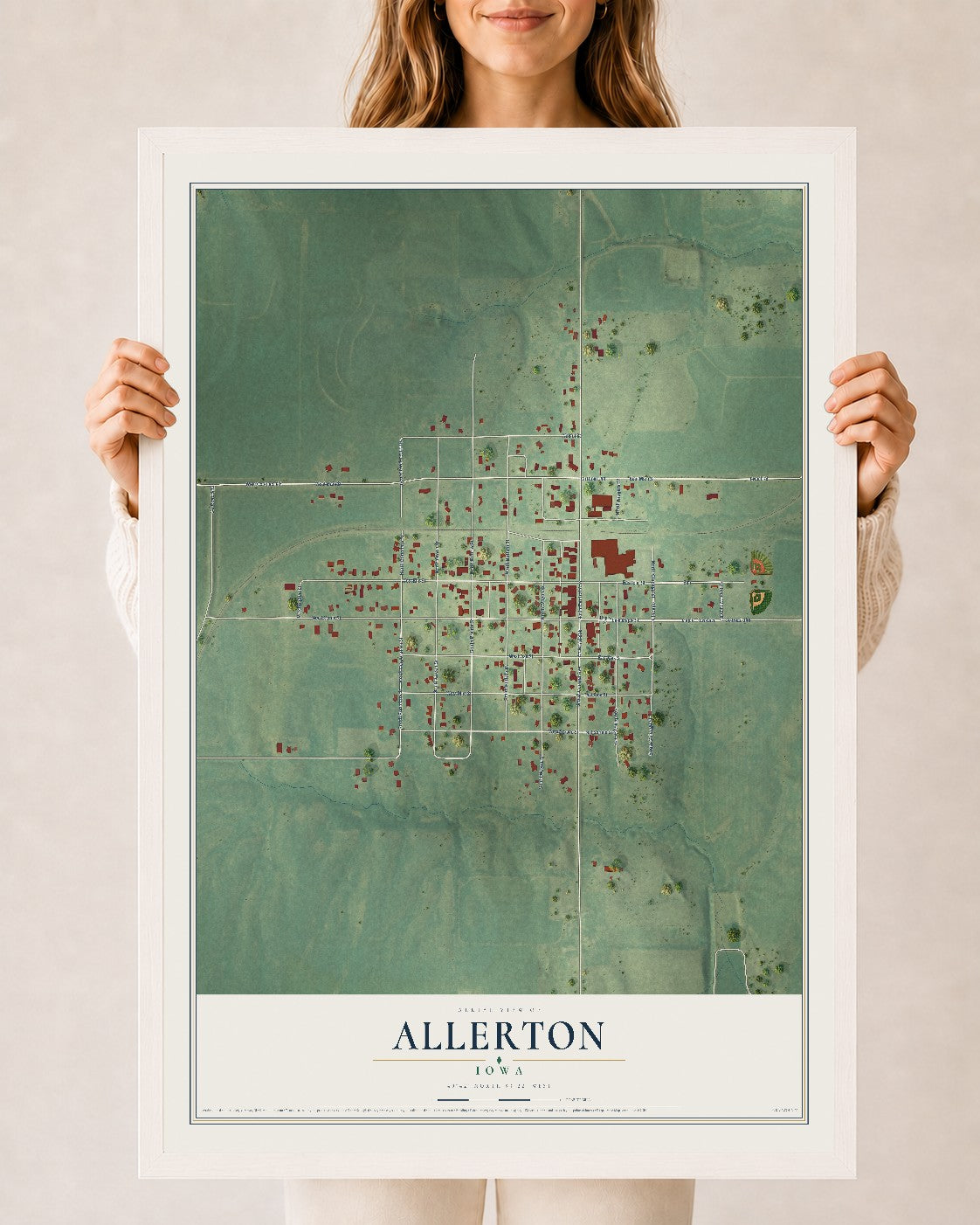 Map of Allerton, Iowa, 24 x 36 inch print in a white wood frame