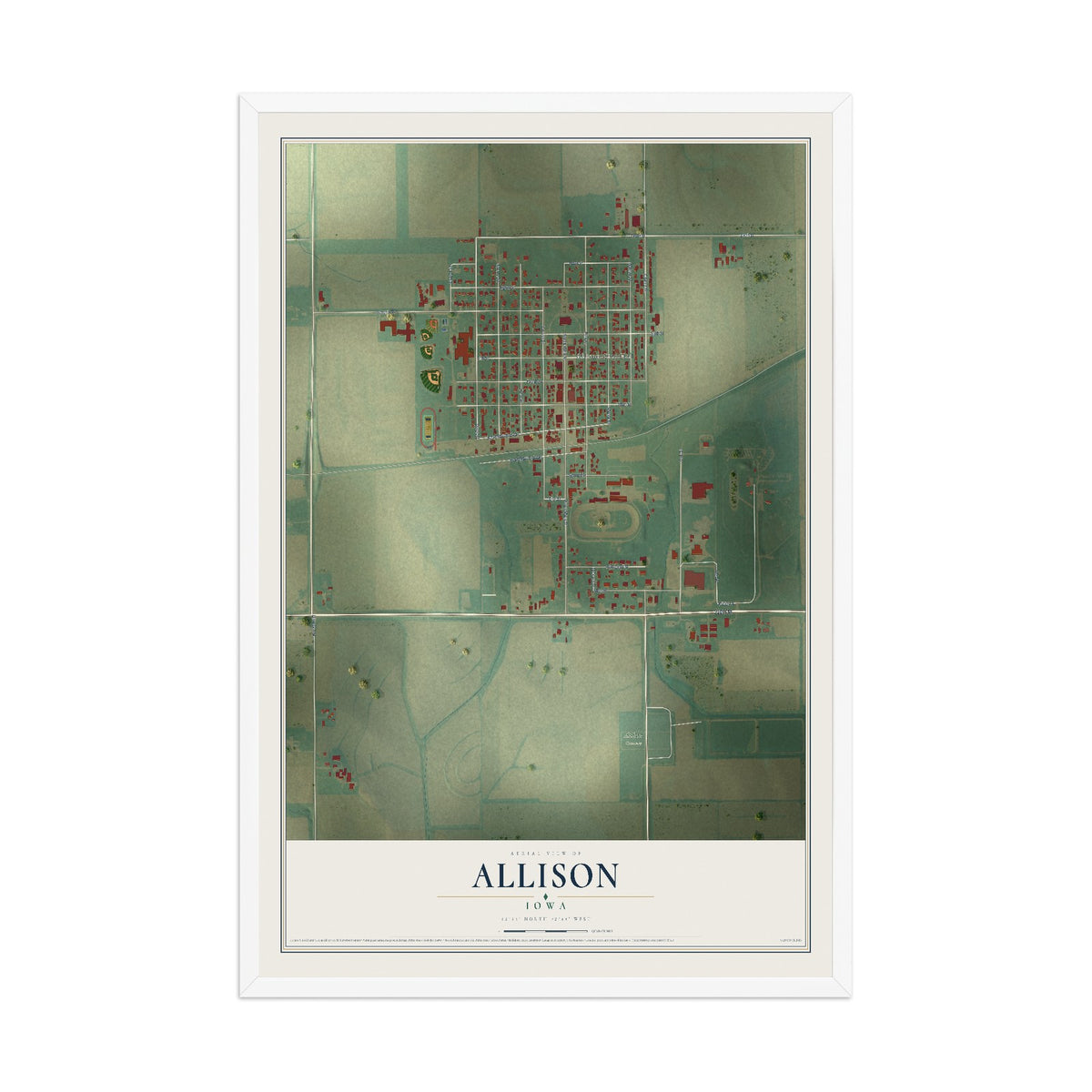 Map of Allison, Iowa, 12 x 18 inch print in a white wood frame