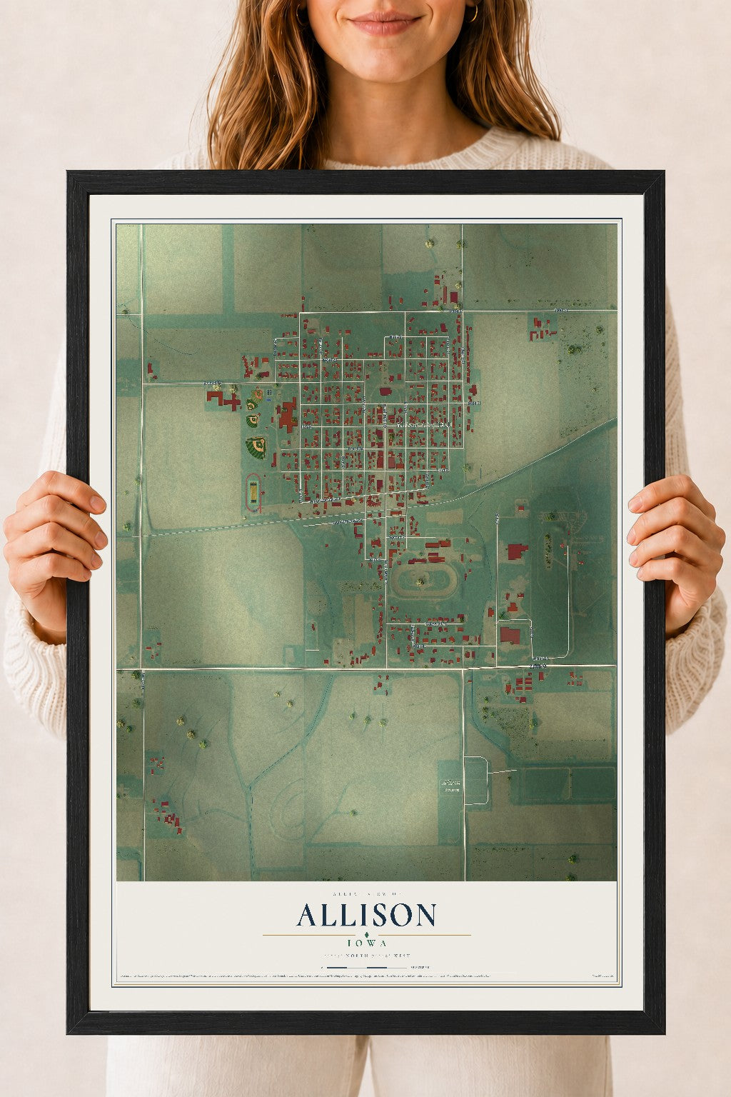 Map of Allison, Iowa, 18 x 24 inch print in a black wood frame
