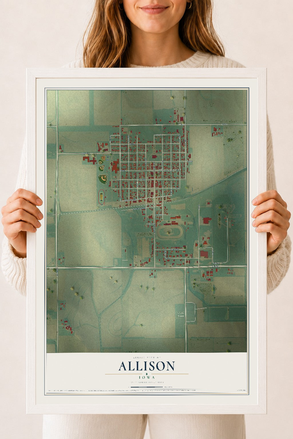 Map of Allison, Iowa, 18 x 24 inch print in a white wood frame