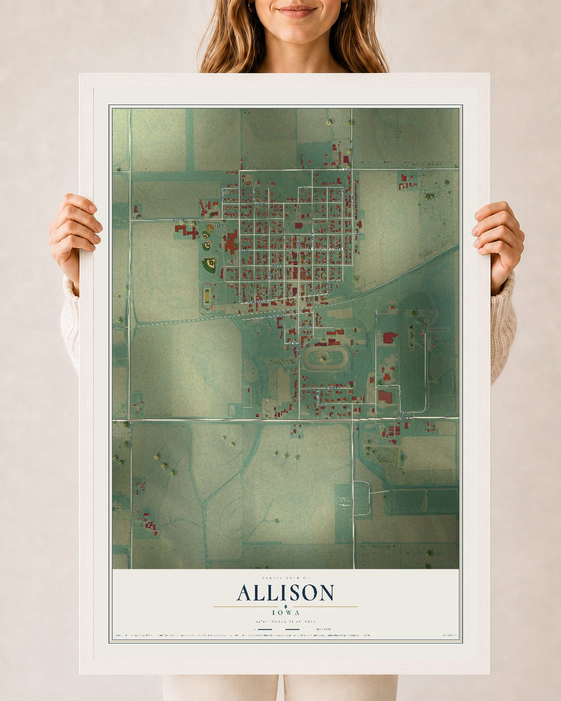 Map of Allison, Iowa, 24 x 36 inch print in a white wood frame