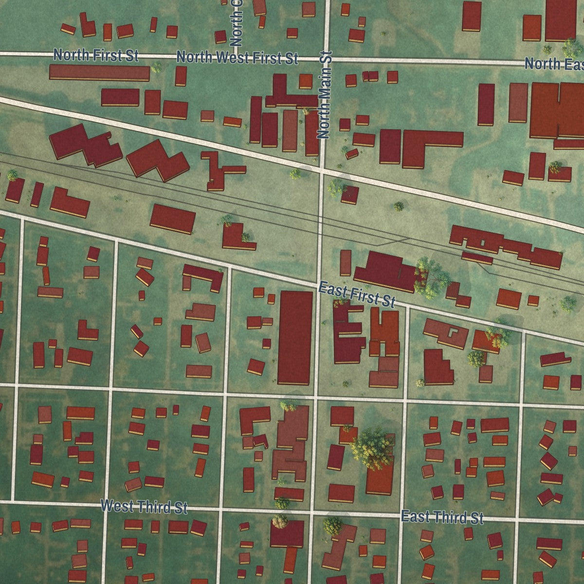 Close-up of the map of Alta, Iowa print showing street and building detail