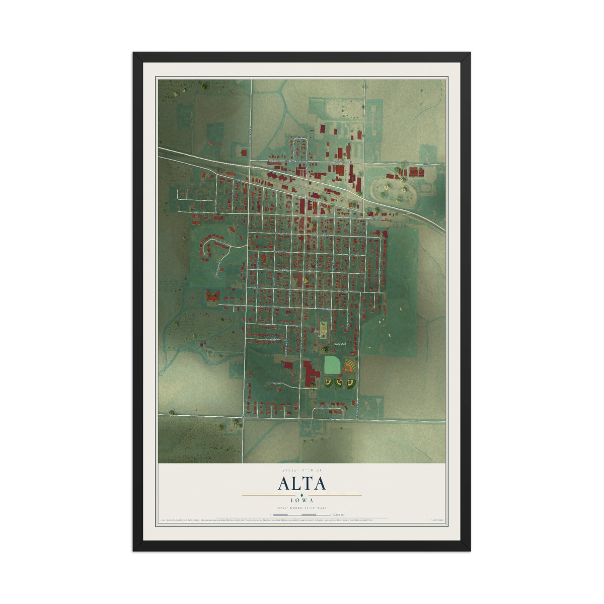 Map of Alta, Iowa, 12 x 18 inch print in a black wood frame