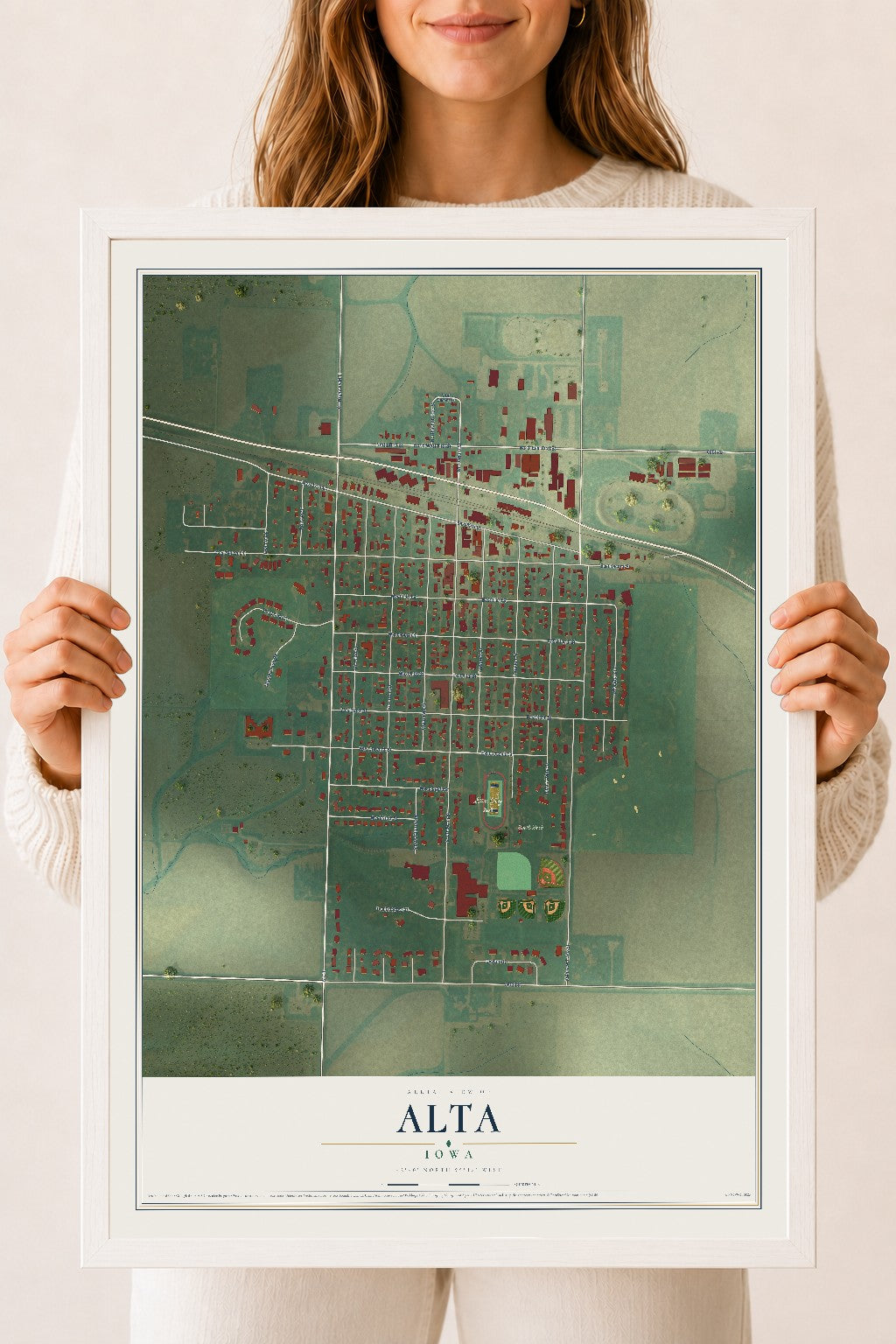 Map of Alta, Iowa, 18 x 24 inch print in a white wood frame